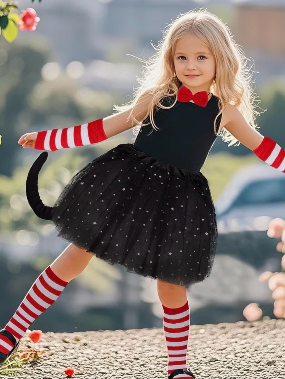 Girls Black Star Tutu Cat Halloween Costume with Red Bow and Striped Accessories